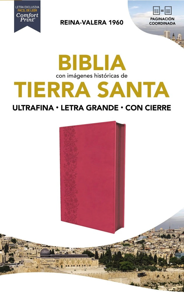 BIBLIA REINA VALERA 1960 LETRA GRANDE TIERRA SANTA CON CIERRE FUCSIA..